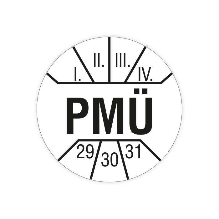 Prüfplakette, PMÜ, 2029 - 2031, Ø 10 mm, in verschiedenen Ausführungen