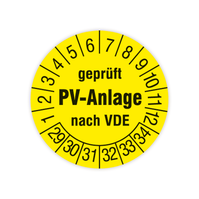 Prüfplakette, Geprüft PV-Anlage nach VDE, 2029 - 2034, in verschiedenen Ausführungen