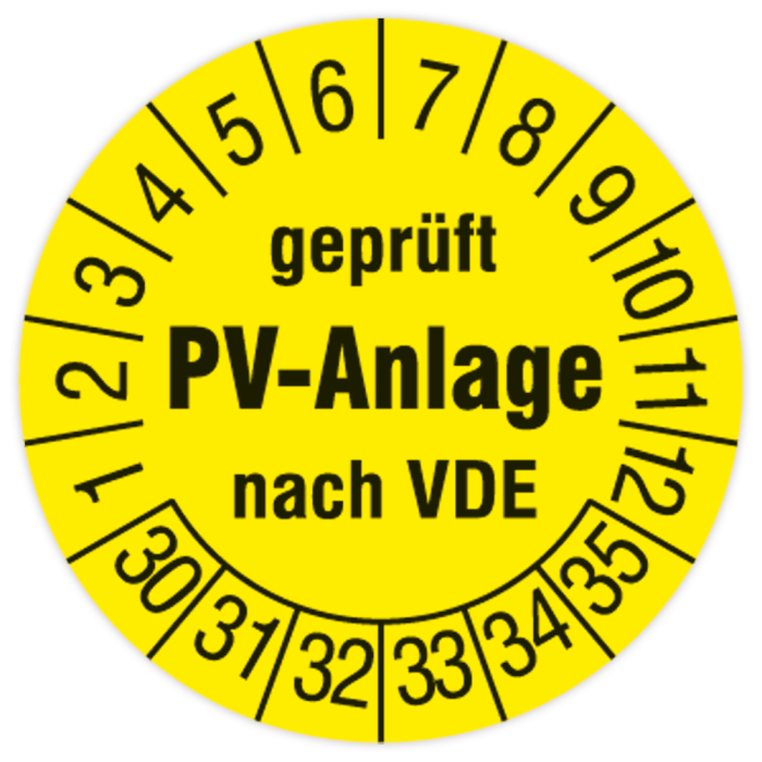 Prüfplakette, Geprüft PV-Anlage nach VDE, 2030 - 2035, in verschiedenen Ausführungen
