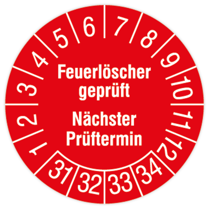 Prüfplakette, Feuerlöscher geprüft - Nächster Prüftermin, 2031 - 2034, Dokumentenfolie, Ø 30 mm