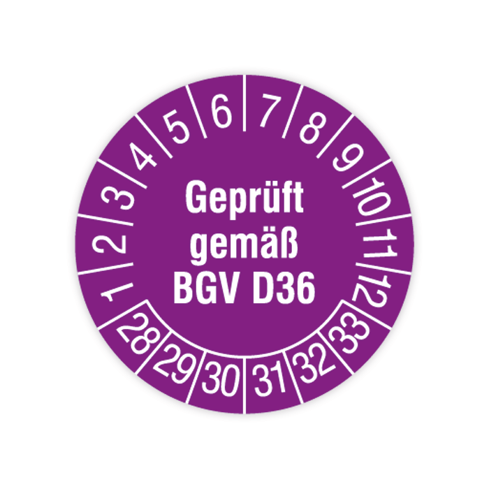 Prüfplakette, Geprüft gemäß BGV D36, 2028 - 2033, verschiedene Ausführungen