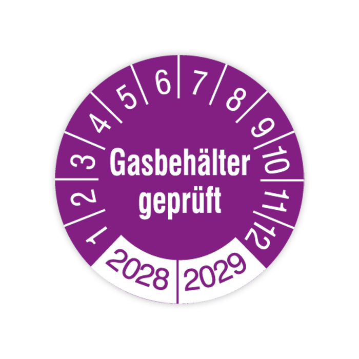 Prüfplakette, Gasbehälter geprüft, 2028 - 2029, verschiedene Ausführungen