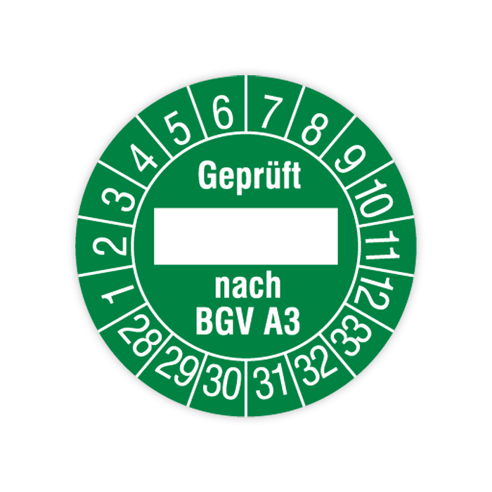 Prüfplakette, Geprüft nach BGV A3, 2028 - 2033, verschiedene Ausführungen