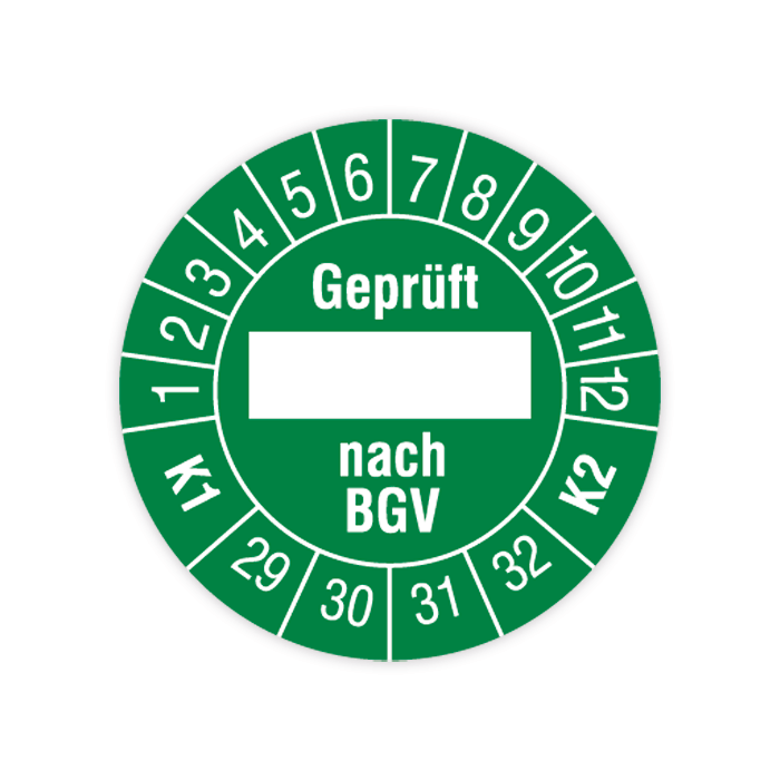 Prüfplakette, Geprüft... nach BGV, K1/K2, 2029 - 2032, in verschiedenen Ausführungen