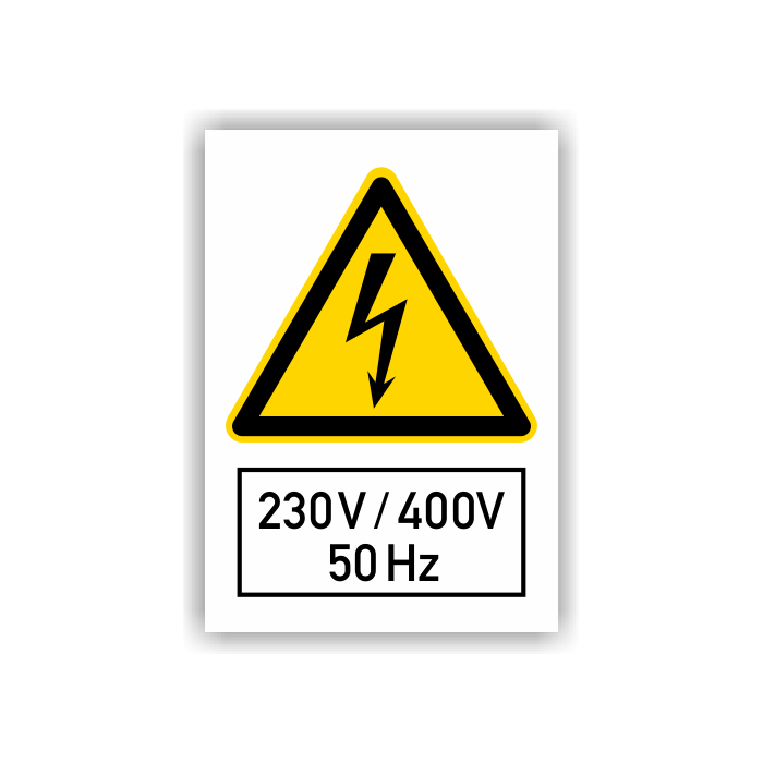 Warnschild, Spannungskennz., 230 V / 400 V, 50Hz, ISO 7010, Aufkleber, Folie, 210 x 297 mm