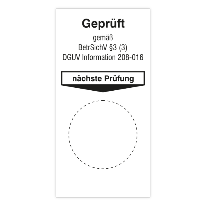 Grundplakette Leitern u. Tritte - Geprüft gemäß BetrSichV §3 (3) DGUV Info. 208-016, 40 x 80 mm