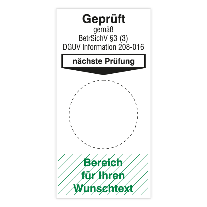 Grundplakette Leitern u. Tritte - Geprüft gemäß BetrSichV u. DGUV Info, mit Wunschtext, 40 x 80 mm