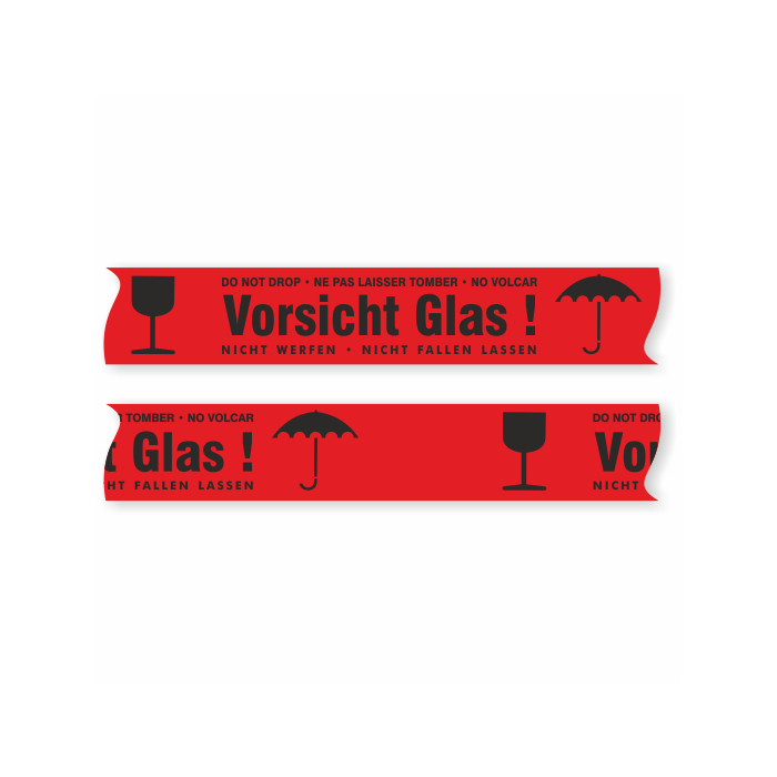 PVC-Paketband - Vorsicht Glas! - Nicht werfen, Nicht fallen lassen -, 50 mm x 66 m, rot / schwarz