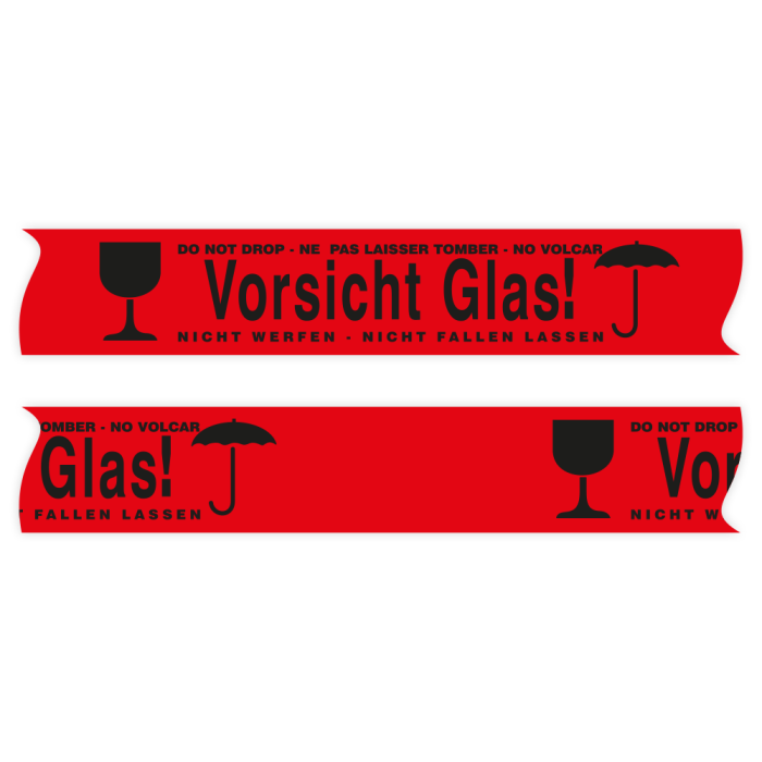 PP-Paketband - Vorsicht Glas! - Nicht werfen, Nicht fallen lassen - 50 mm x 66 m, rot / schwarz