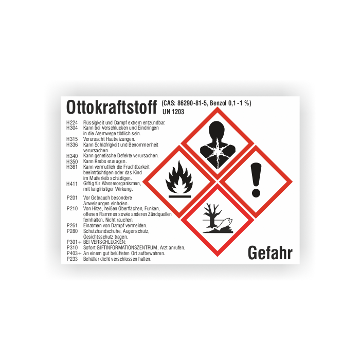 Gefahrstoffetikett Ottokraftstoff UN 1203, gemäß CLP/GHS, Folie, verschiedene Formate