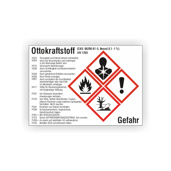 Gefahrstoffetikett Ottokraftstoff UN 1203, gemäß CLP/GHS, Folie, 105 x 74 mm