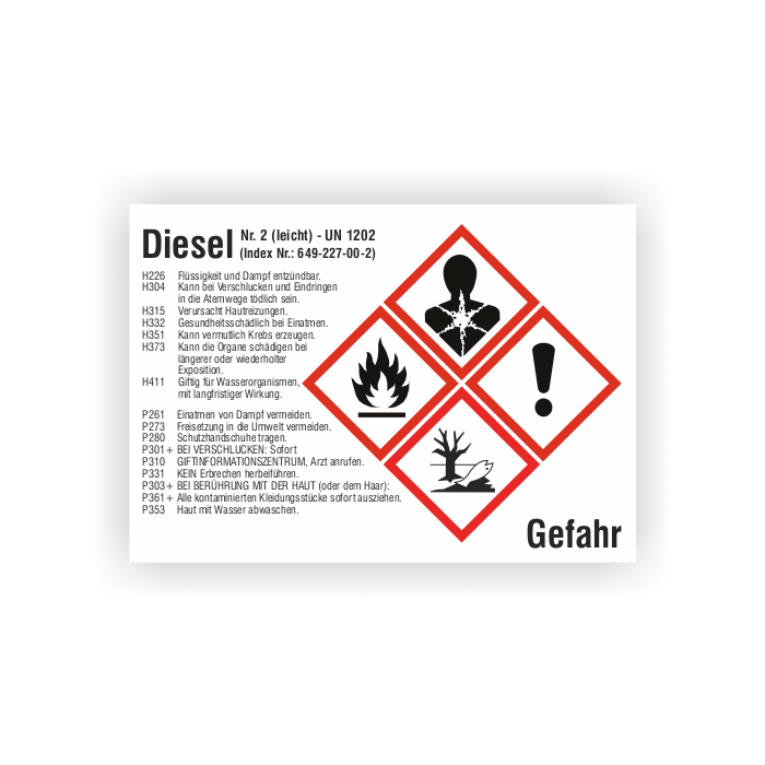 Gefahrstoffetikett Diesel UN 1202, gemäß CLP/GHS, Folie, verschiedene Formate