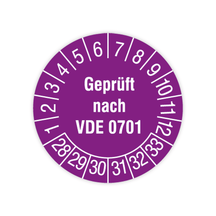 Prüfplakette, Geprüft nach VDE 0701, 2028 - 2033, verschiedene Ausführungen