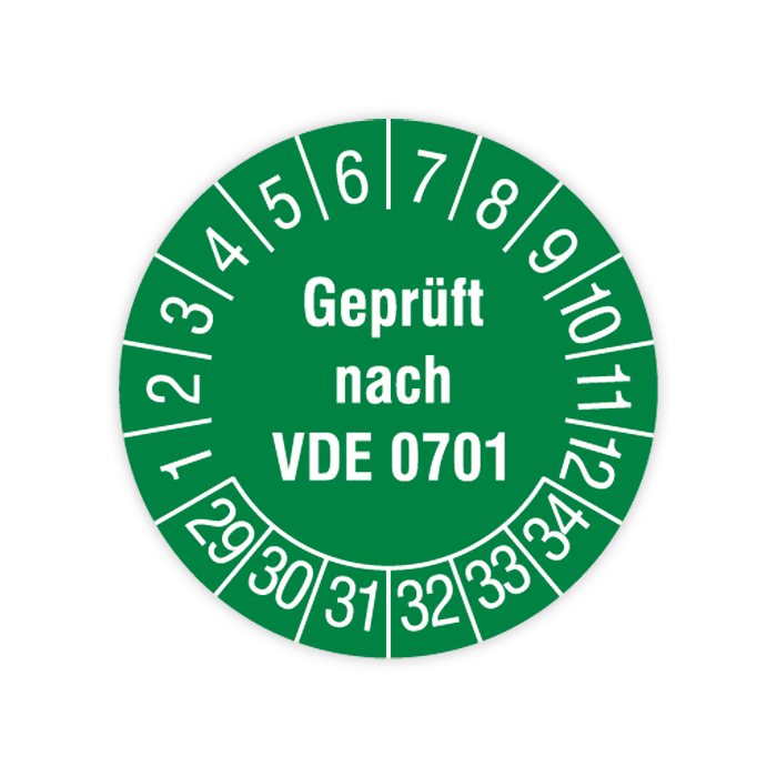 Prüfplakette, Geprüft nach VDE 0701, 2029 - 2034, in verschiedenen Ausführungen