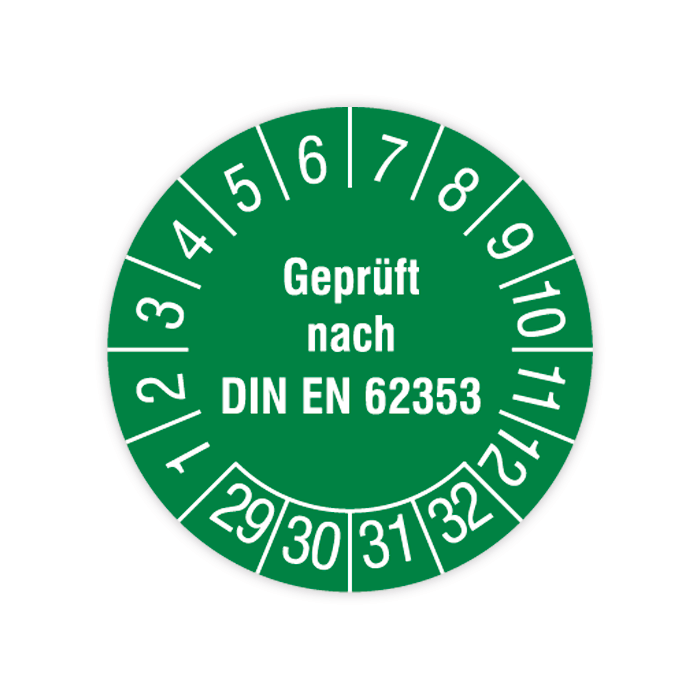 Prüfplakette, Geprüft nach DIN EN 62353, 2029, Dokumentenfolie mit Oberflächenschutz, Ø 30 mm