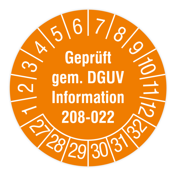 Prüfplakette, Geprüft gem. DGUV Information 208-022, 2027 - 2032, verschiedene Ausführungen