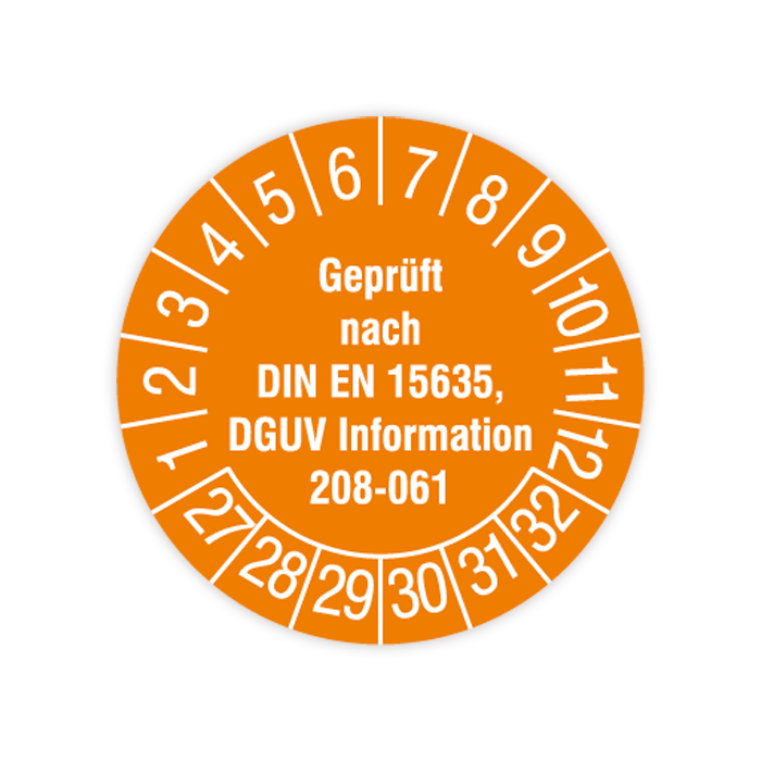 Prüfplakette, Geprüft nach DIN EN 15635, DGUV Information 208-061, 2027, verschied. Ausführungen