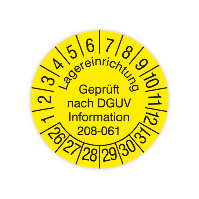 Prüfplakette, Lagereinrichtungen - Gepr. nach DGUV Information 208-061, 2026, verschied. Ausführungen