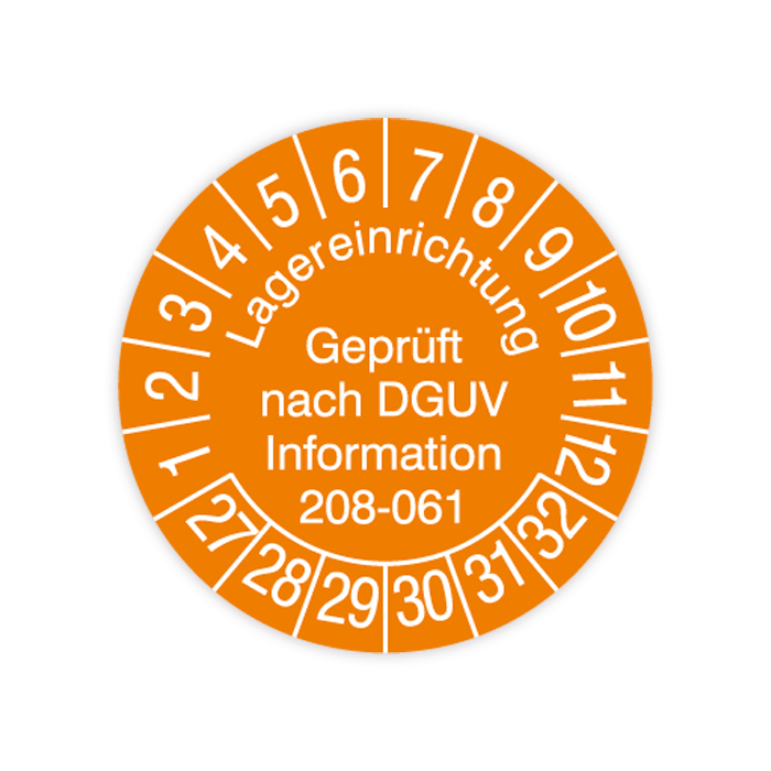 Prüfplakette, Lagereinrichtungen - Gepr. nach DGUV Information 208-061, 2027, verschied. Ausführungen