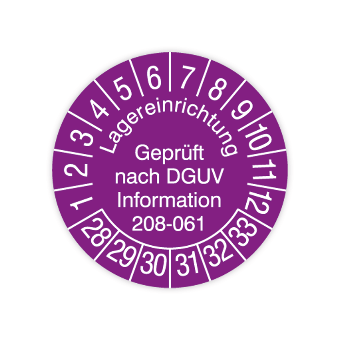 Prüfplakette, Lagereinrichtungen - Gepr. nach DGUV Information 208-061, 2028, verschied. Ausführungen
