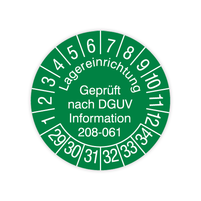 Prüfplakette, Lagereinrichtungen - Gepr. nach DGUV Information 208-061, 2029, verschied. Ausführungen