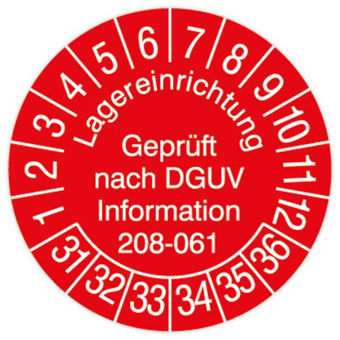 Prüfplakette, Lagereinrichtungen - Gepr. nach DGUV Information 208-061, 2031 - 2036, Ø 30 mm