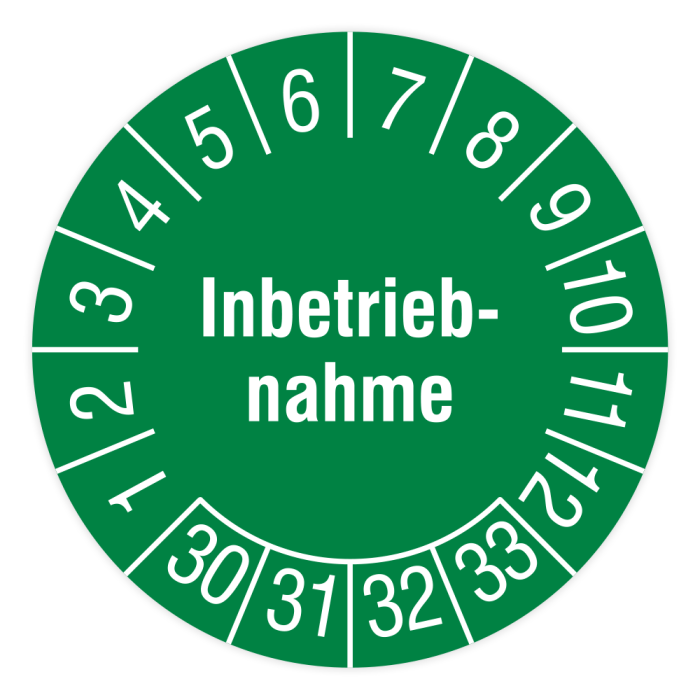Prüfplakette, Inbetriebnahme, 2030 - 2033, in verschiedenen Ausführungen
