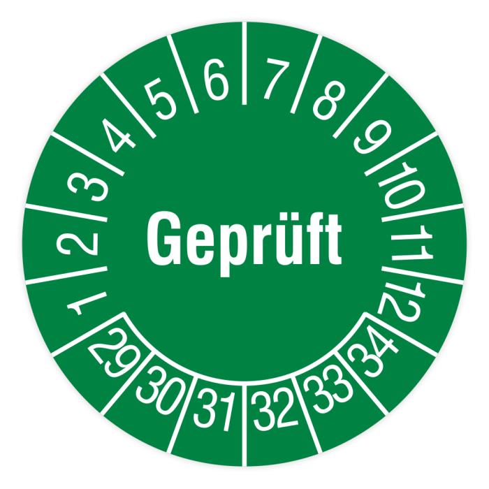 Prüfplakette, Geprüft, 2029 - 2034, grün, in verschiedenen Ausführungen