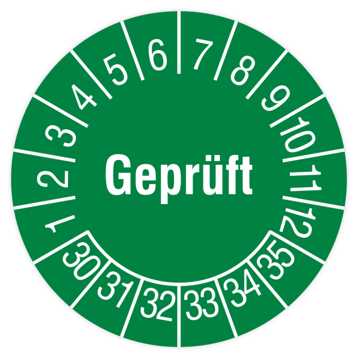 Prüfplakette, Geprüft, 2030 - 2035, grün, in verschiedenen Ausführungen