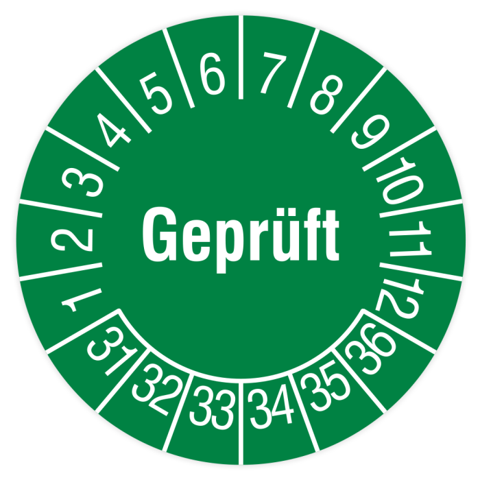 Prüfplakette, Geprüft, 2031 - 2036, grün, in verschiedenen Ausführungen