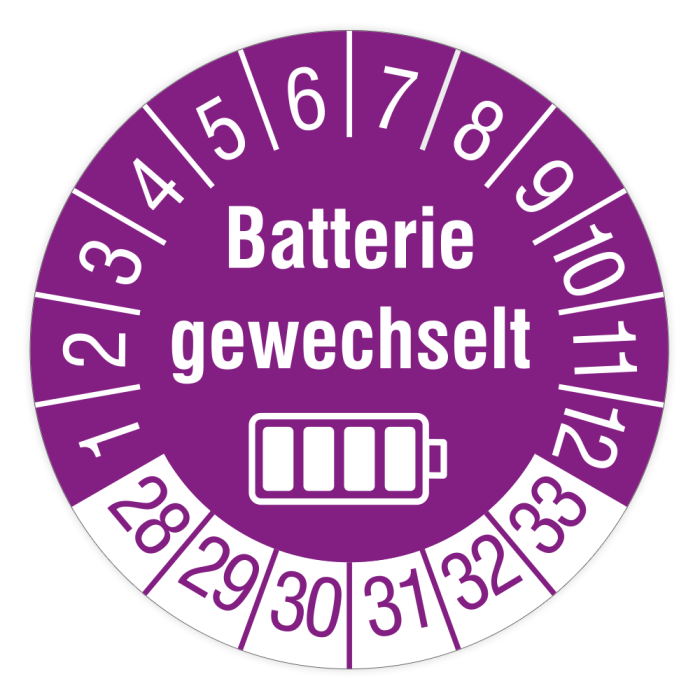 Prüfplakette, Batterie gewechselt, 2028, Standardfolie, Ø 30 mm, Rolle