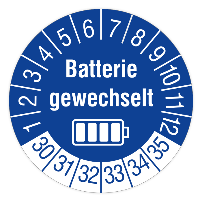 Prüfplakette, Batterie gewechselt, 2030, Standardfolie, Ø 30 mm, Rolle