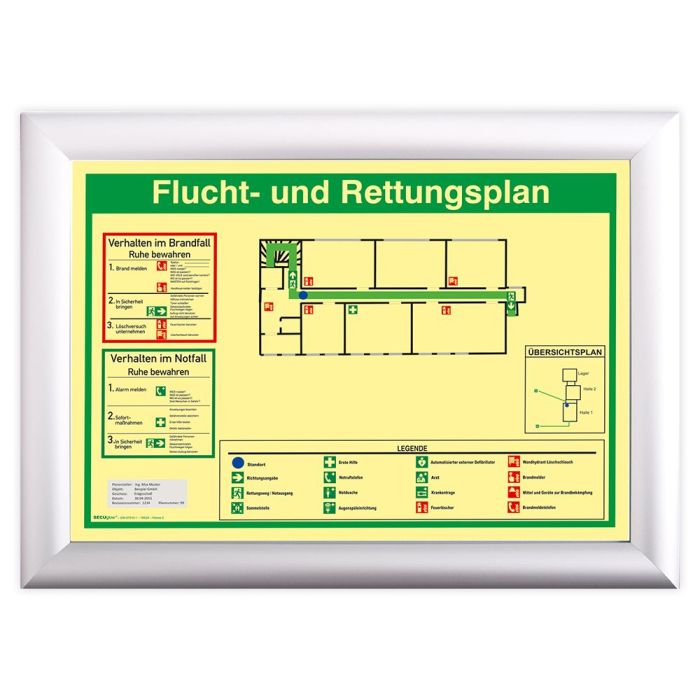 Fluchtplan, SECUglow 185, Alu-Rahmen, silber elox. DIN A3,  nach ihrer druckfertigen Datei