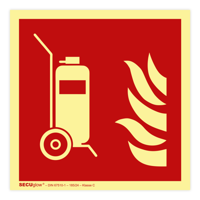 Brandschutzzeichen, Fahrbarer Feuerlöscher, ISO 7010, SECUglow 185, Kunststoff, 200 x 200 mm
