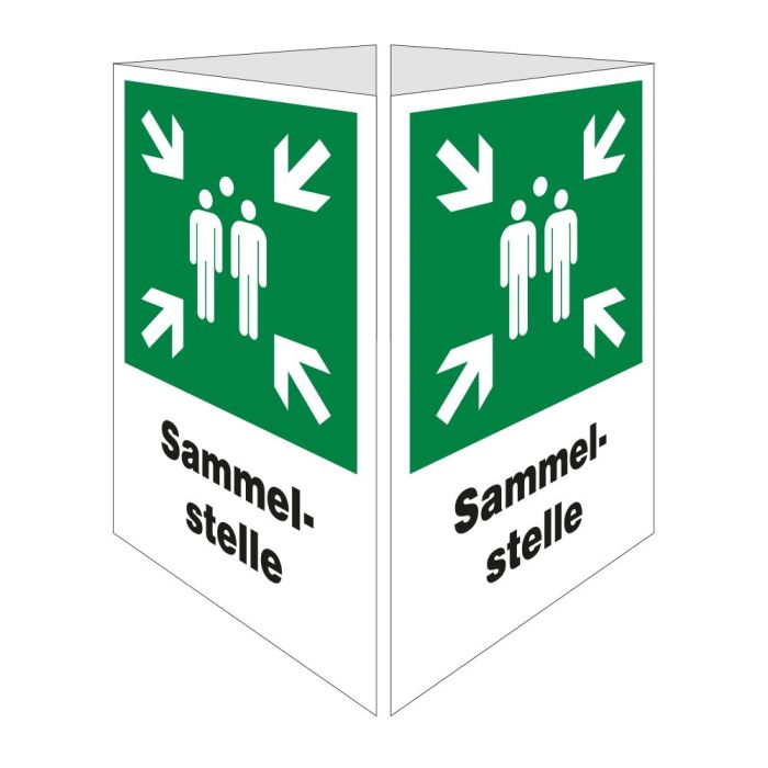 Sammelstelle-Schild, Würfel, ISO 7010, 4-seitig Aluminium, 400 x 600 x 400 mm, mit Rohrschelle