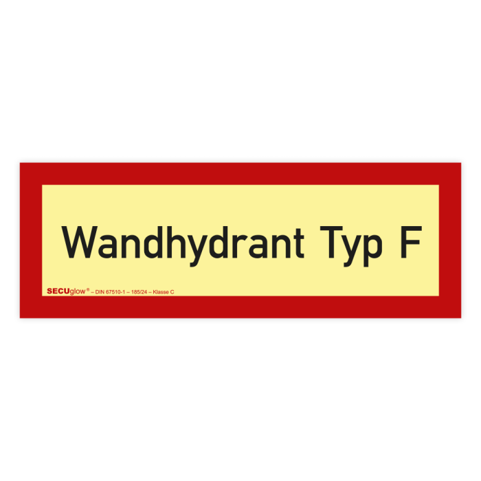 Feuerwehrzeichen, Wandhydrant Typ F, DIN 4066, SECUglow 185, Aufkleber, Folie, 210 x 74 mm