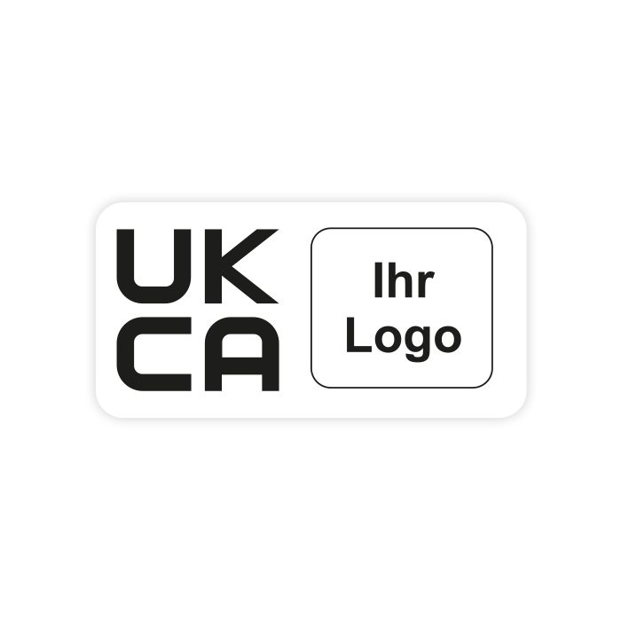 Produktkennzeichen, Kombietikett UKCA + Logo n. Wunsch, Aufkl., Folie, 50 x 25 mm, weiß, 10 Stk/Bg