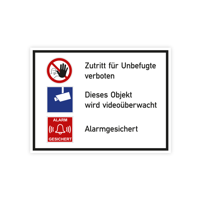 Verbotsschild m. Hinweistext, Zutritt f. Unbef. verb.,Videoüberw., Alarmges., Aluverb., 400x300 mm