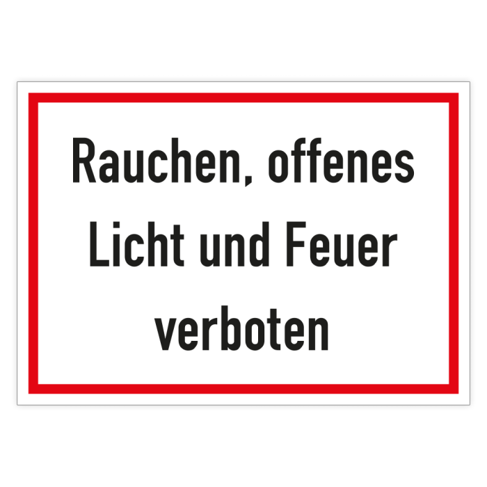 Verbotsschild m. Hinweistext, Rauchen, offenes Licht und Feuer verboten,  Aluminium, 350 x 250 mm