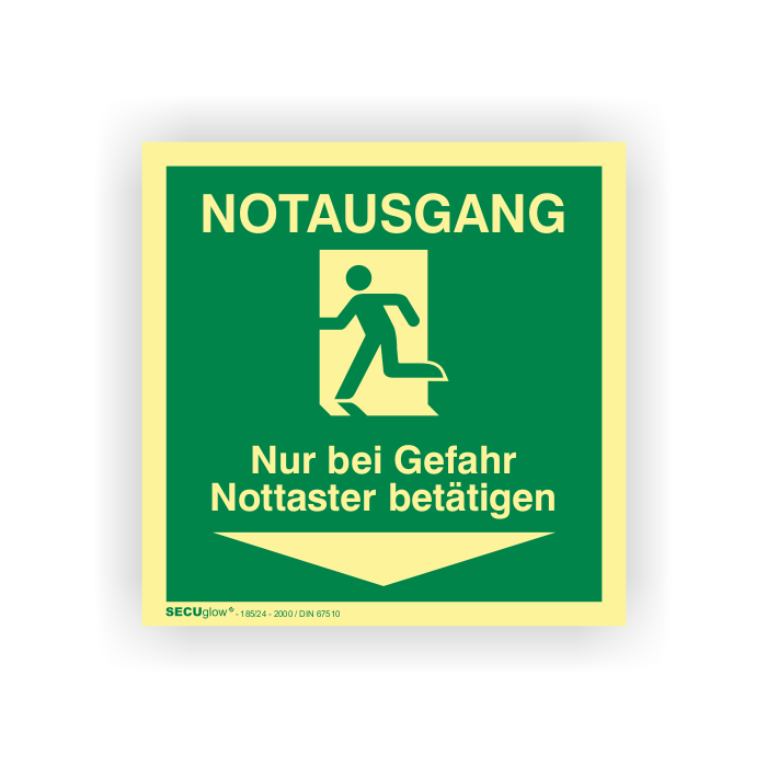 Rettungszeichen, Notausgang-Nur b. Gefahr Nottast. betätigen, SECUglow 185, Aufkl. Fol., 150 x 150 mm