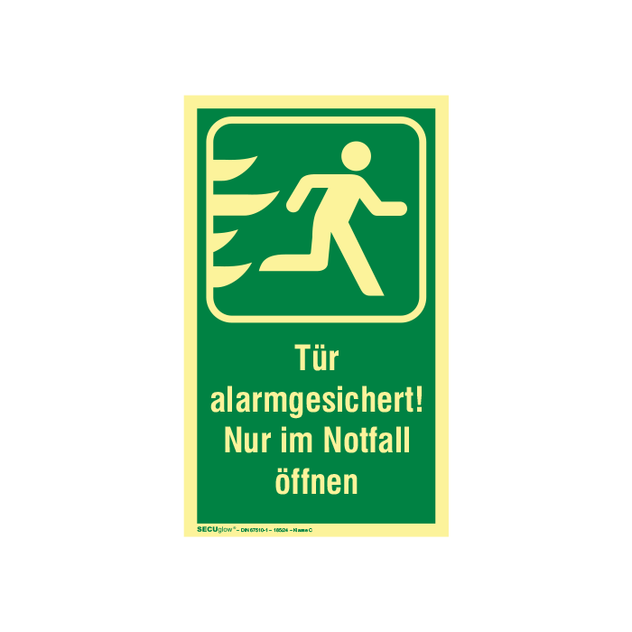Rettungszeichen, Tür alarmgesichert,  SECUglow 185 rechtsw., praxisbew., Aufkl., Folie, 120 x 200 mm