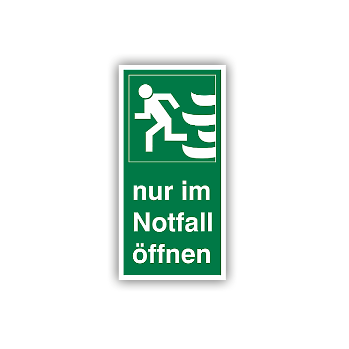 Rettungszeichen, Nur im Notfall öffnen, links praxisbewährt, Aufkleber, Folie, 74 x 148 mm