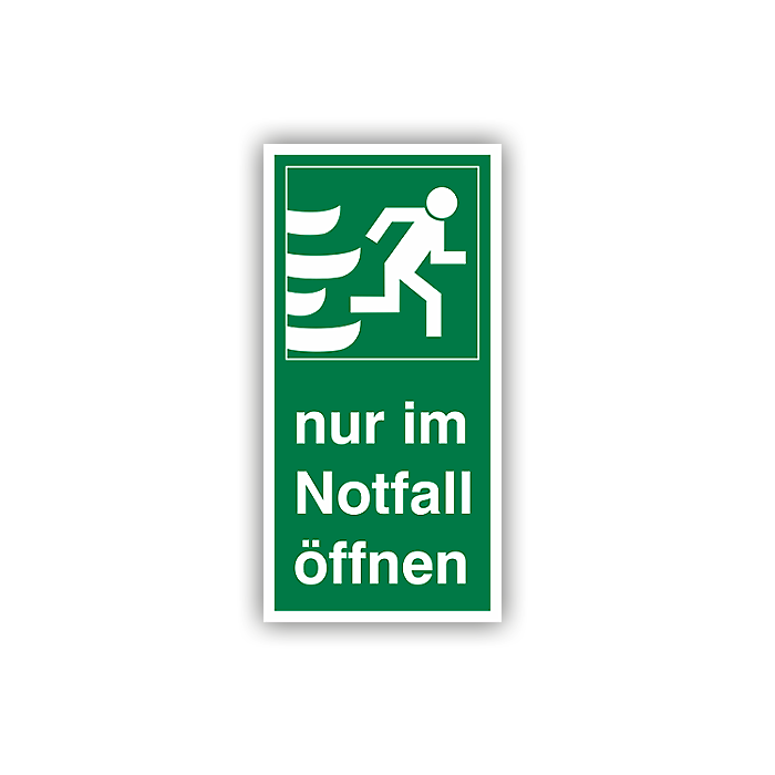 Rettungszeichen, Nur im Notfall öffnen, rechts praxisbewährt, Aufkleber, Folie, 74 x 148 mm