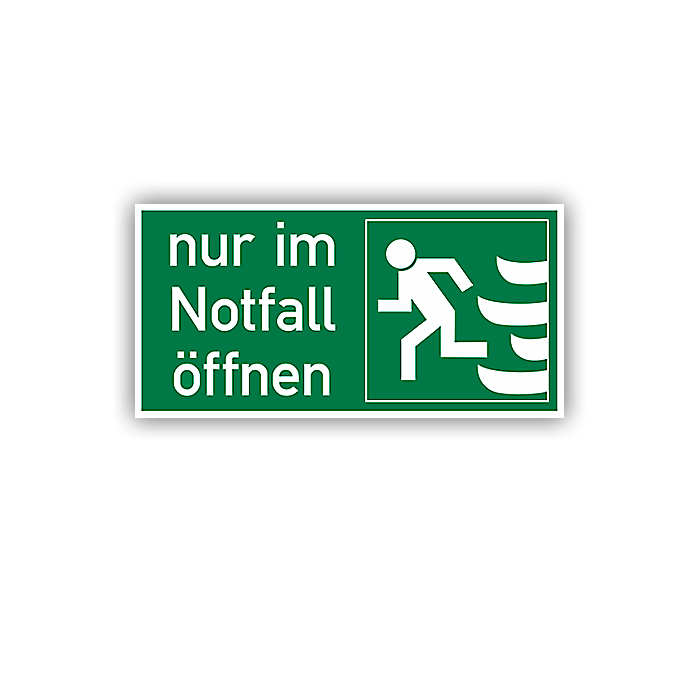 Rettungszeichen, Nur im Notfall öffnen, links praxisbewährt, Aufkleber, Folie, 148 x 74 mm