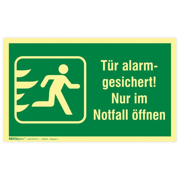Rettungszeichen, Tür alarmgesichert,  SECUglow 185 rechtsw., praxisbew., Aufkl., Folie, 200 x 120 mm