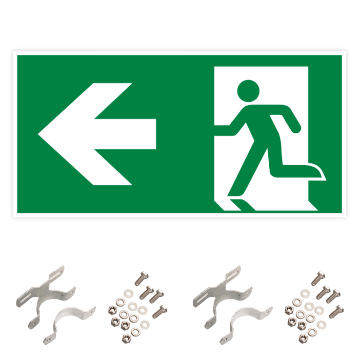Rettungszeichen-Set, Rettungsweg links, ISO 7010, einseitige Pfostenmontage, ISO 7010, 800 x 400 mm