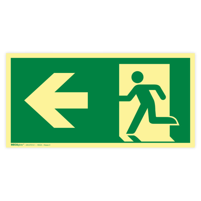 Rettungszeichen, Rettungsweg links, ISO 7010, langnachleuchtend, SECUglow