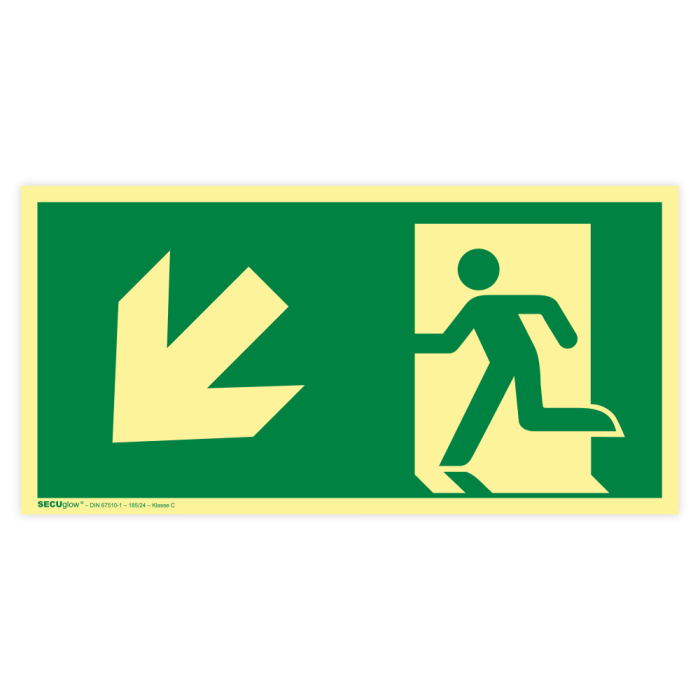 Rettungszeichen, Rettungsweg links abwärts, ISO 7010,  langnachleuchtend, SECUglow