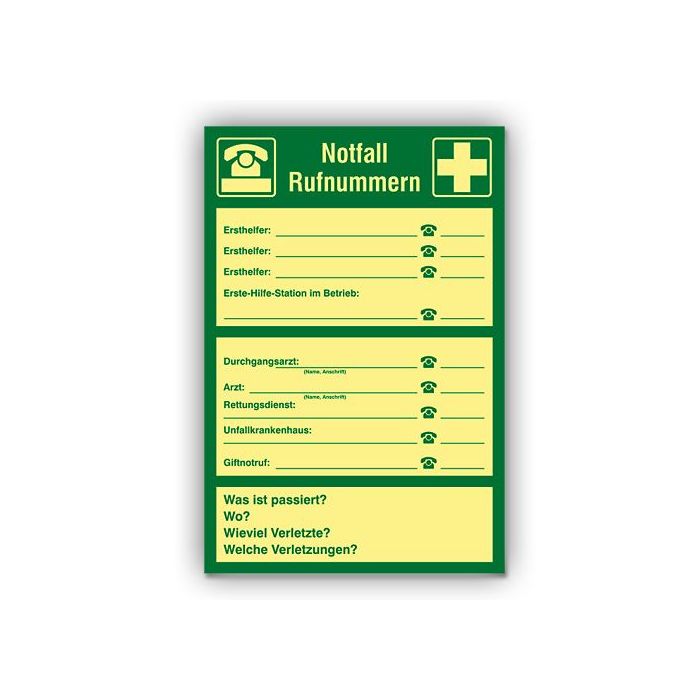 Sicherheitsaushang, Notfall Rufnummernplan, langnachleuchtend, Kunststoff, 200 x 300 mm