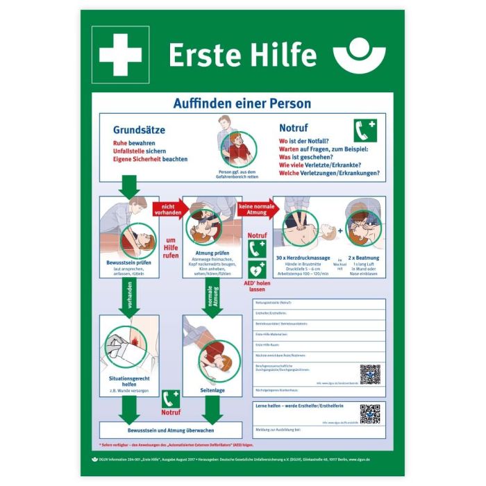 Sicherheitsaushang, Anl. z. Ersten Hilfe nach DGUV-Inform. 204-001, Kunststoff, 410 x 590 mm